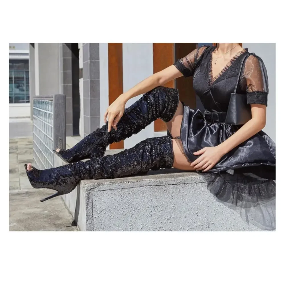 CAMSSOO Women's Sparkle Sequins Over The Knee Boots Sexy High Heels Open Toe 9.5